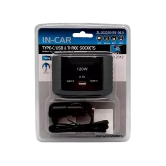 Разветвитель прикуривателя IN-CAR NO.2012 3 гнезда с 1 USB, 2 Type-C