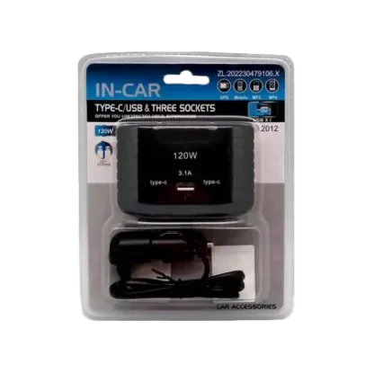 Разветвитель прикуривателя IN-CAR NO.2012 3 гнезда с 1 USB, 2 Type-C